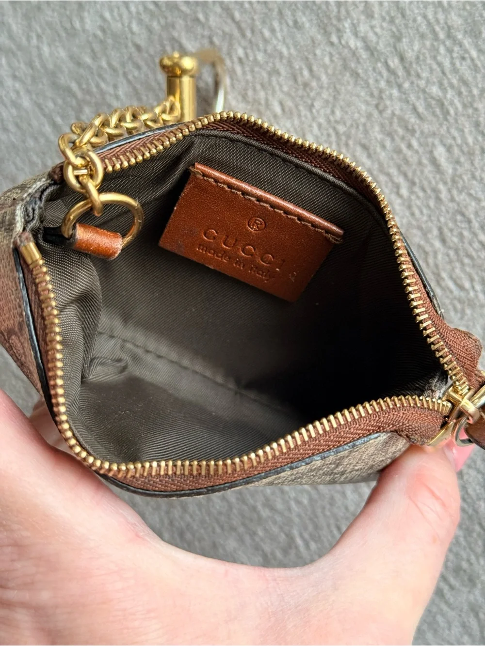 Gucci GG Supreme Monogram Key Pouch in Beige and Brown with Gold Hardware